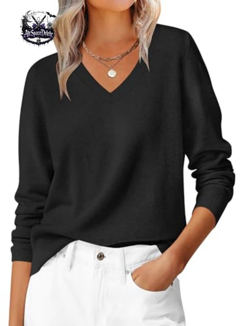Women's Long Sleeve V Neck Lightweight Pullover Sweater Knit Top